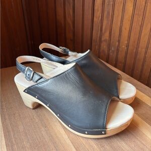 NEW Five Worlds Wood and Black Leather Peep Toe Heeled Clog - 8 Women’s